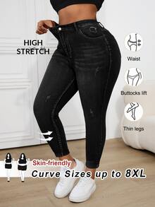 SHEIN CURVE+ 大尺碼女款鈕扣半門襟雙口袋修身顯瘦時尚牛仔褲 - 黑色 - 查看 1