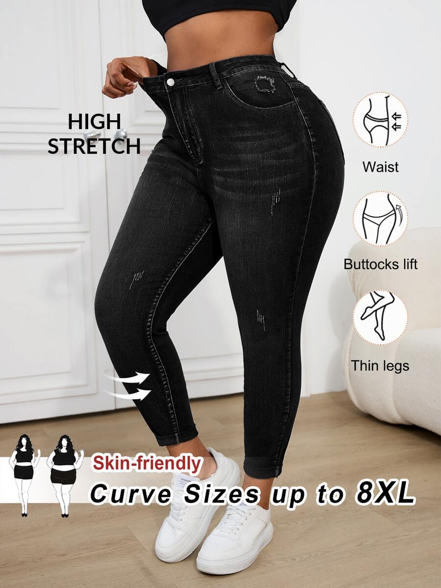 SHEIN CURVE+ 大尺碼女款鈕扣半門襟雙口袋修身顯瘦時尚牛仔褲 - 黑色 - 查看 1