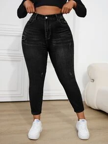SHEIN CURVE+ 大尺碼女款鈕扣半門襟雙口袋修身顯瘦時尚牛仔褲 - 黑色 - 查看 3
