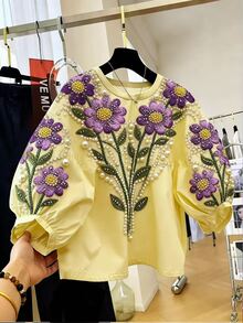 Resyla [Printed Design] Women's Floral Print Round Neck Puff Sleeve Blouse - Multicolor - View 1