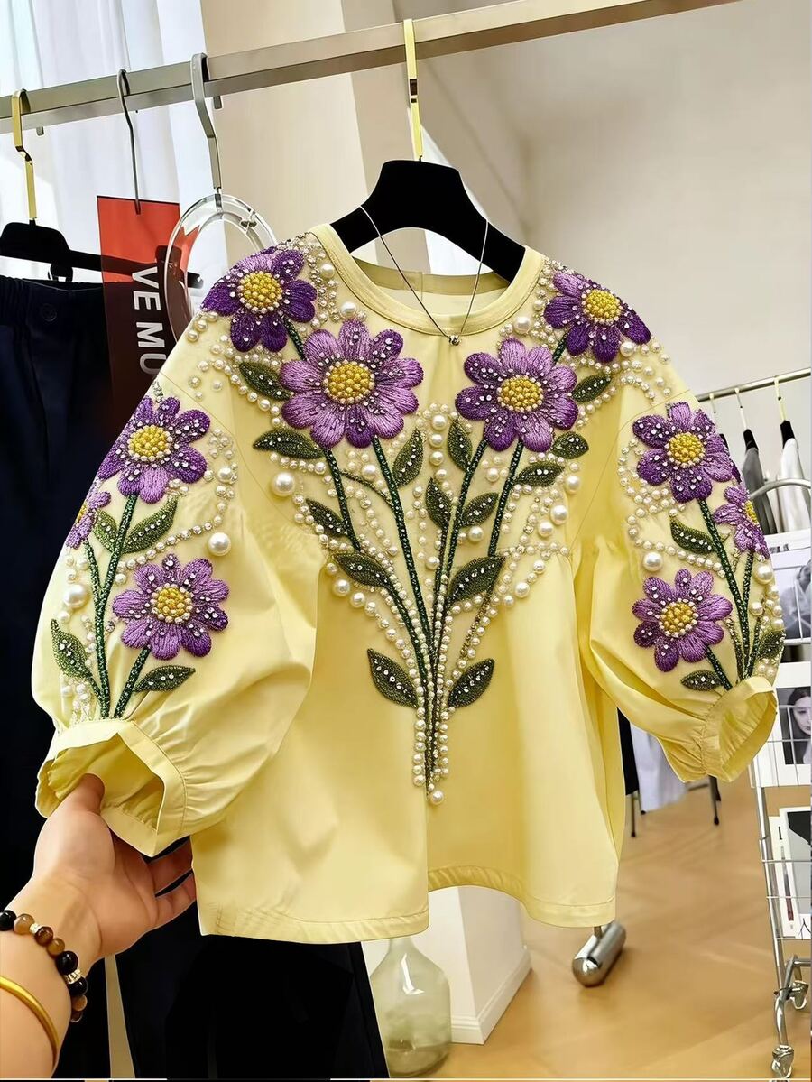 Resyla [Printed Design] Women's Floral Print Round Neck Puff Sleeve Blouse - Multicolor - View 1