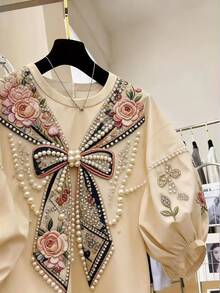 Resyla [Printed Design] Women's Vintage Floral Decorated Puff Sleeve Round Neck Blouse, Summer - Multicolor - View 5