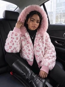 SHEIN Sparklyn Tween女孩甜美印花抓絨內裡連帽人造毛皮夾克 冬季加厚保暖短版毛絨外套 - 粉色 - 查看 7