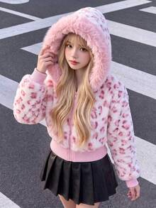 SHEIN Sparklyn Tween女孩甜美印花抓絨內裡連帽人造毛皮夾克 冬季加厚保暖短版毛絨外套 - 粉色 - 查看 3
