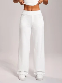 SHEIN PETITE Women's Elastic Waist Pocket Wide Leg Loose Casual Denim Jeans - Beige - View 6