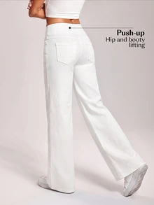 SHEIN PETITE Women's Elastic Waist Pocket Wide Leg Loose Casual Denim Jeans - Beige - View 2