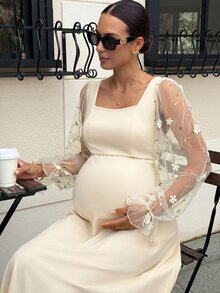 MaterniWear Maternity Mesh Patchwork Casual Party Dress Fall - Apricot - View 7