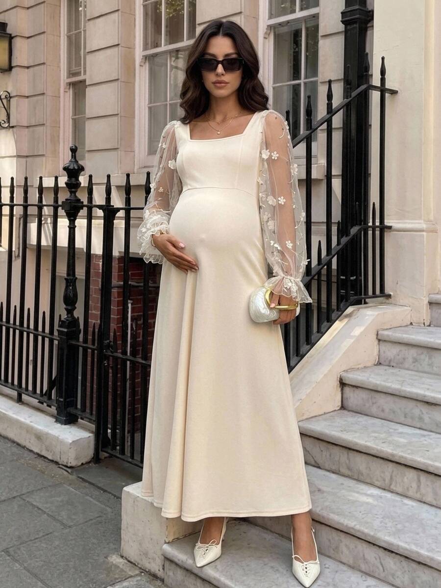 MaterniWear Maternity Mesh Patchwork Casual Party Dress Fall - Apricot - View 1