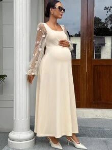 MaterniWear Maternity Mesh Patchwork Casual Party Dress Fall - Apricot - View 3