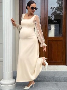 MaterniWear Maternity Mesh Patchwork Casual Party Dress Fall - Apricot - View 2