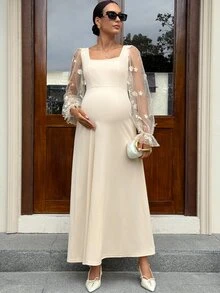 MaterniWear Maternity Mesh Patchwork Casual Party Dress Fall - Apricot - View 5