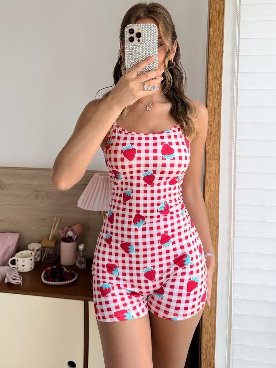 SweetSlumber Sweet Kawaii Cute Strawberry Plaid Pattern Strappy Women's Pajama Jumpsuit Sleep Night Red And White Gingham Summer - Multicolor - View 1
