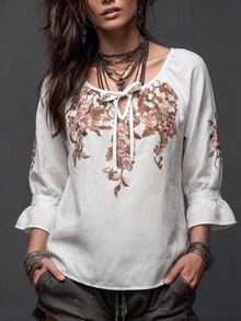 Breezaya Women's Floral Print Tie Neck Raglan Sleeve Ruffle Cuff Casual Blouse - Beige - View 3