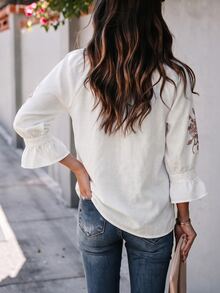 Breezaya Women's Floral Print Tie Neck Raglan Sleeve Ruffle Cuff Casual Blouse - Beige - View 2