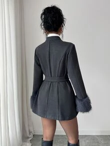 Elenzga 1pc Fuzzy Cuff Double Breasted Belted Overcoat - Dark Grey - View 2