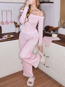 SweetSlumber Women's Sweet Romantic Contrast Color Lace Frill Trim Off-Shoulder Camisole Comfortable Pajama Set - Pink - View 3