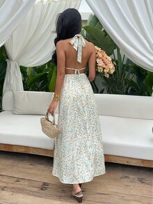 Sunnyshic Vestido de mujer con estampado floral diminuto, cuello halter en V y espalda descubierta, adecuado para vacaciones de primavera/verano - Multicolor - Ver 2