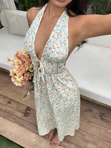 Sunnyshic Vestido de mujer con estampado floral diminuto, cuello halter en V y espalda descubierta, adecuado para vacaciones de primavera/verano - Multicolor - Ver 4
