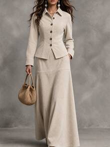 LUMIGAL Women's Solid Color Long Sleeve Jacket And Skirt Casual 2 Pieces Set - Apricot - View 1