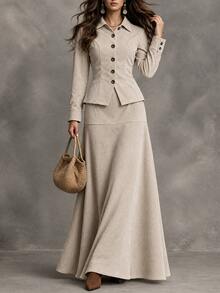 LUMIGAL Women's Solid Color Long Sleeve Jacket And Skirt Casual 2 Pieces Set - Apricot - View 4