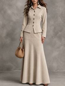 LUMIGAL Women's Solid Color Long Sleeve Jacket And Skirt Casual 2 Pieces Set - Apricot - View 3