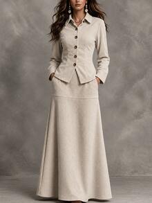 LUMIGAL Women's Solid Color Long Sleeve Jacket And Skirt Casual 2 Pieces Set - Apricot - View 5