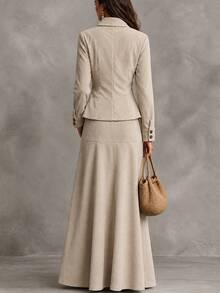 LUMIGAL Women's Solid Color Long Sleeve Jacket And Skirt Casual 2 Pieces Set - Apricot - View 2