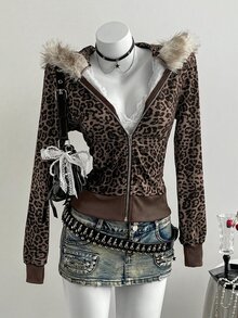 Elamini 女士灰色豹纹仿毛领拼接口袋连帽卫衣，修身版型，时尚百搭，适合通勤、休闲、上学、教师节等场合，秋冬季皆宜。 - 棕色 - 查看 4