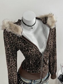 Elamini 女士灰色豹纹仿毛领拼接口袋连帽卫衣，修身版型，时尚百搭，适合通勤、休闲、上学、教师节等场合，秋冬季皆宜。 - 棕色 - 查看 7