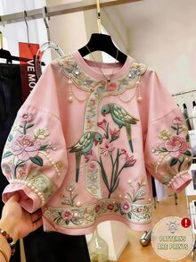 Franclia [Printed Design] Women's Fashionable Versatile Floral & Parrot Print Round Neck Blouse - Multicolor - View 1