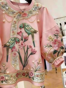 Franclia [Printed Design] Women's Fashionable Versatile Floral & Parrot Print Round Neck Blouse - Multicolor - View 5