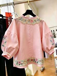 Franclia [Printed Design] Women's Fashionable Versatile Floral & Parrot Print Round Neck Blouse - Multicolor - View 3