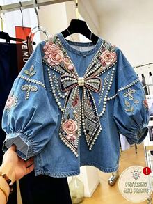 Franclia [印花設計] 女款圓領花卉刺繡圖案仿珍珠裝飾休閒可愛浪漫日常約會藍色花卉夏季T恤 - 彩色 - 查看 1
