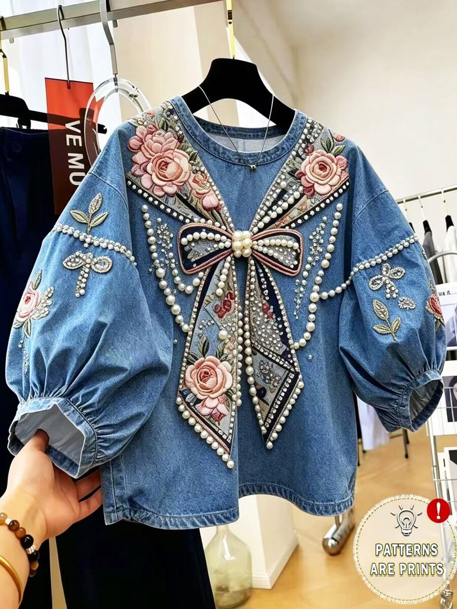 Franclia [印花設計] 女款圓領花卉刺繡圖案仿珍珠裝飾休閒可愛浪漫日常約會藍色花卉夏季T恤 - 彩色 - 查看 1