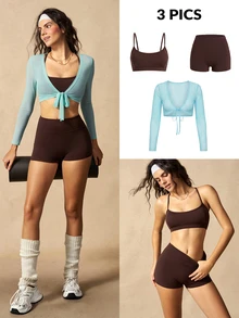 VARSIVA Women Sports Activewear's Minimalist Cropped Tank Top, Shorts And Long Sleeve Tie-Front Cardigan 3 Pieces Set - Multicolor - View 7