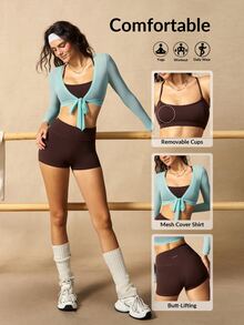 VARSIVA Women Sports Activewear's Minimalist Cropped Tank Top, Shorts And Long Sleeve Tie-Front Cardigan 3 Pieces Set - Multicolor - View 14