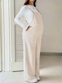 SHEIN Maternity Solid Color Pocket Design Casual Wide Leg Overalls Fall - Apricot - View 3