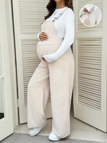 SHEIN Maternity Solid Color Pocket Design Casual Wide Leg Overalls Fall - Apricot - View 2