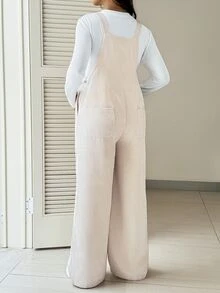 SHEIN Maternity Solid Color Pocket Design Casual Wide Leg Overalls Fall - Apricot - View 5