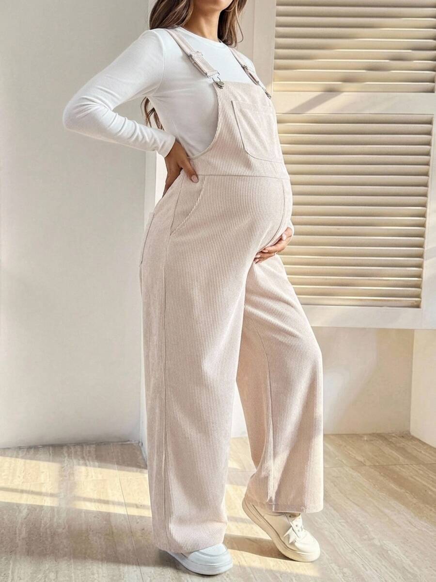SHEIN Maternity Solid Color Pocket Design Casual Wide Leg Overalls Fall - Apricot - View 1