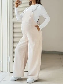 SHEIN Maternity Solid Color Pocket Design Casual Wide Leg Overalls Fall - Apricot - View 8