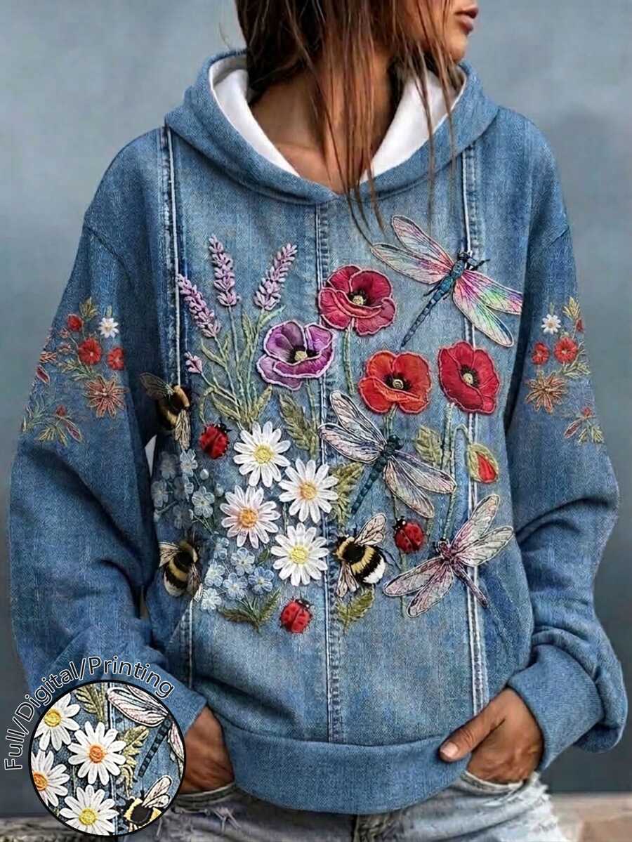 EMERY ROSE 大尺碼女款復古藍色3D花卉刺繡圖案連帽衛衣,波西米亞風蕾絲拼接長袖水洗藍連帽運動衫,秋季穿搭 - 彩色 - 查看 1