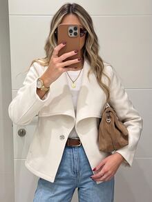 SHEIN LUNE Casual Commute Women's Wool Long Sleeve Autumn/Winter Solid Color Daily Basic Fashion Outwear Outfit - Apricot - View 6
