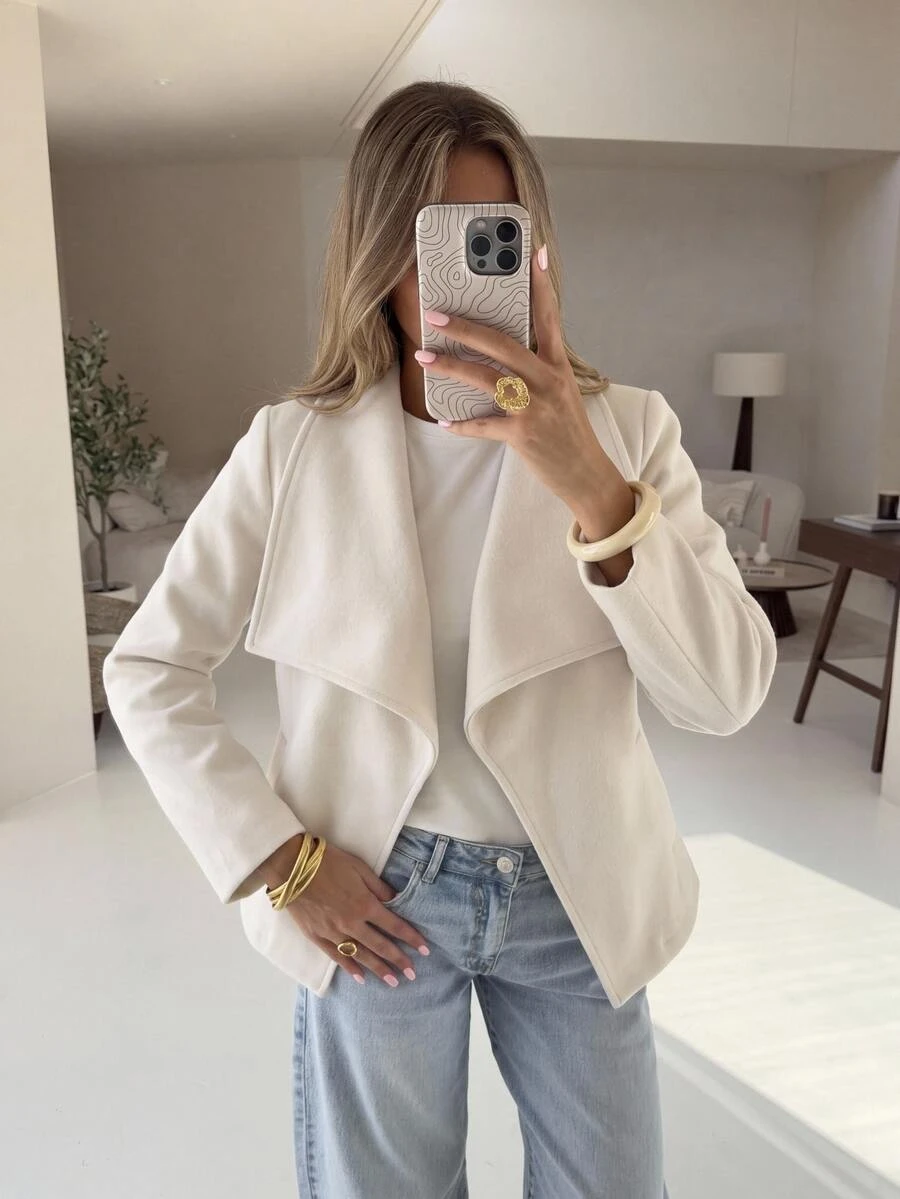 SHEIN LUNE Casual Commute Women's Wool Long Sleeve Autumn/Winter Solid Color Daily Basic Fashion Outwear Outfit - Apricot - View 1