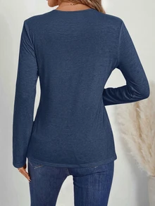SHEIN LUNE Casual Minimalist Regular Fit Small V-Neck Long Sleeve Women's T-Shirt Suitable For Autumn/Winter - Blue - View 3