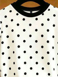 EMERY ROSE Plus Size Women's Color Blocking Short Sleeve T-Shirt Polka Dot Print Casual Top - Multicolor - View 3