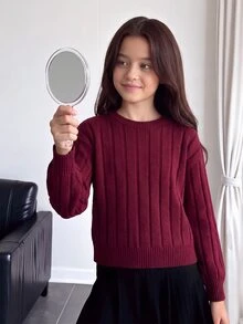 SHEIN 青少年女孩休閒極簡純色落肩寬鬆針織短版長袖上衣，秋冬兒童毛衣 - 酒紅色 - 查看 3