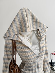Elamini 女款秋季米色淺灰色針織羅紋抓絨面料修身拉鍊連帽衛衣，復古Y2K休閒街頭風校園日常通勤款 - 摩卡棕 - 查看 7