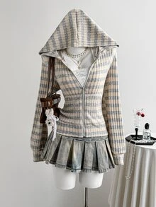 Elamini 女款秋季米色淺灰色針織羅紋抓絨面料修身拉鍊連帽衛衣，復古Y2K休閒街頭風校園日常通勤款 - 摩卡棕 - 查看 4