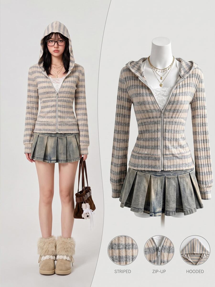 Elamini Women's Fall Beige Light Grey Knit Ribbed Fleece Fabric Slim ...